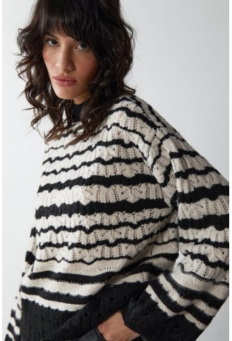 Mono Pointelle Striped Crew Neck Jumper