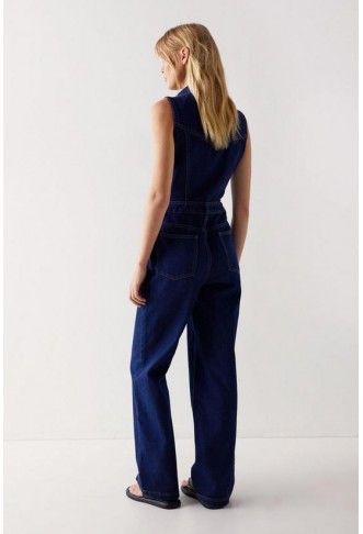 Button Through Collared Denim Wide Leg Jumpsuit