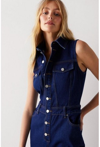 Button Through Collared Denim Wide Leg Jumpsuit