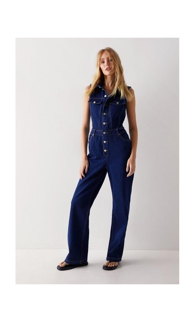 Button Through Collared Denim Wide Leg Jumpsuit