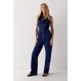 Button Through Collared Denim Wide Leg Jumpsuit