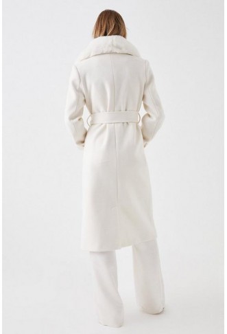 Faux Fur Collar Belted Wrap Coat