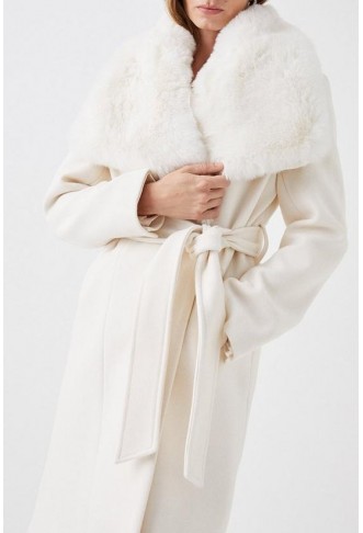 Faux Fur Collar Belted Wrap Coat