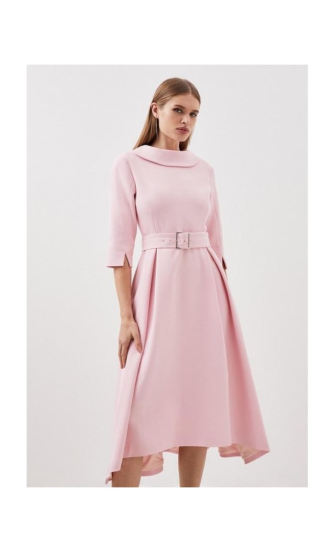 Structured Crepe Roll Neck Dip Hem Midi Dress