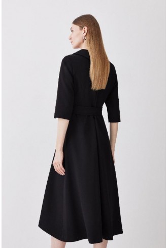 Structured Crepe Roll Neck Dip Hem Midi Dress