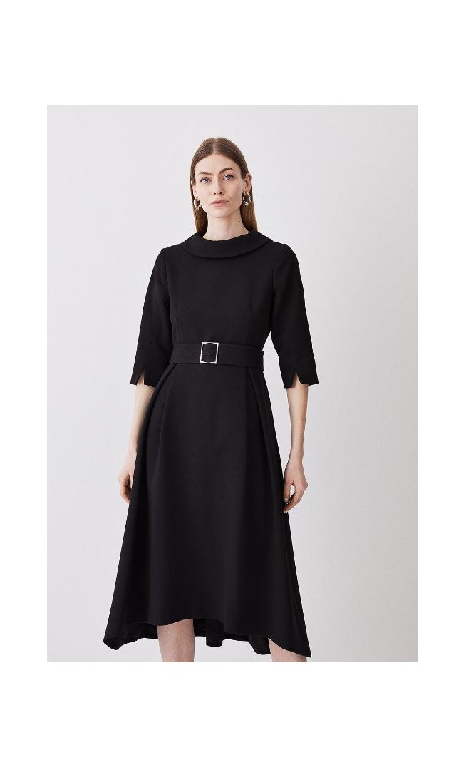 Structured Crepe Roll Neck Dip Hem Midi Dress