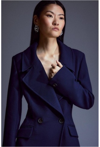 Navy Compact Stretch Double Breasted Full Skirt Midi Coat