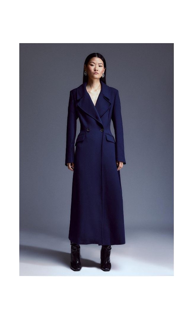 Navy Compact Stretch Double Breasted Full Skirt Midi Coat