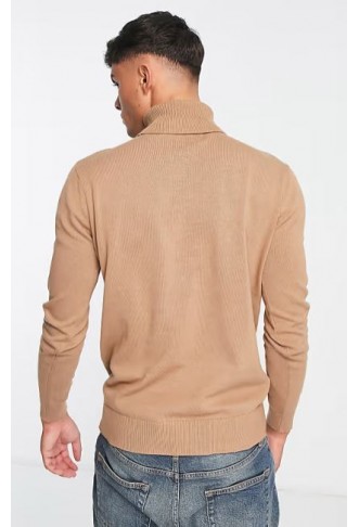 Brave Soul cotton roll neck sweater in beige