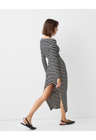 Ribbed knit midi dress with long sleeves