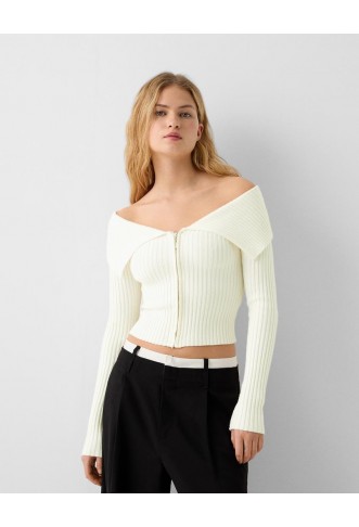 Bardot neck zip-up cardigan