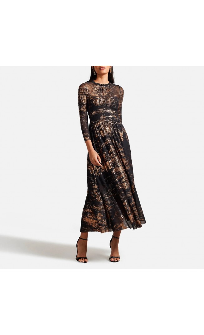 Ted Baker Iggiey Gold Foiled Mesh Midi Dress