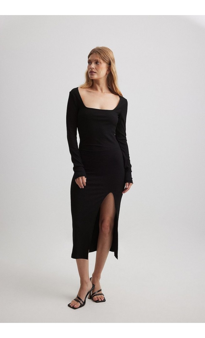 Square Neck Slit Rib Dress