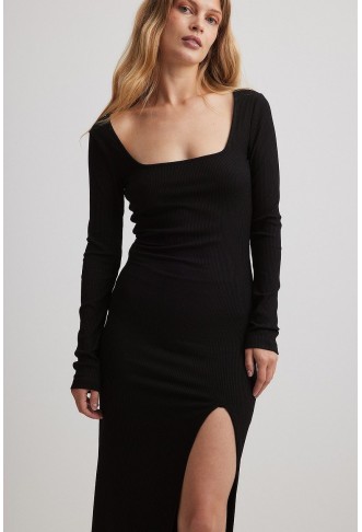 Square Neck Slit Rib Dress