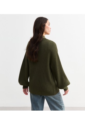 Khaki Balloon Sleeve Chunky Knit Cardigan