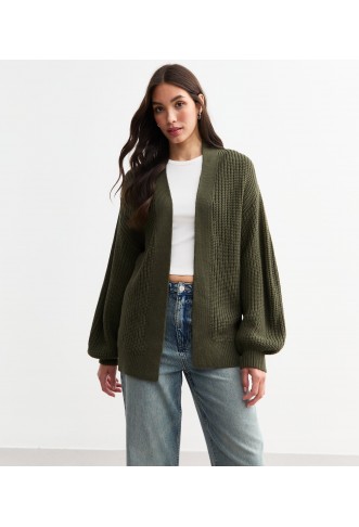 Khaki Balloon Sleeve Chunky Knit Cardigan