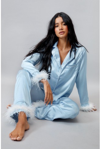 Blue Embroidered Feather PJ Pants