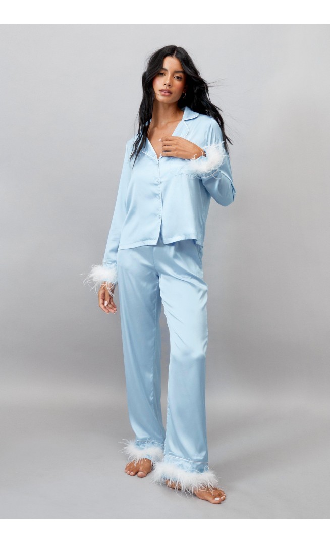 Blue Embroidered Feather PJ Pants