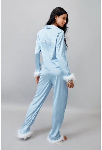 Blue Embroidered Feather PJ Pants