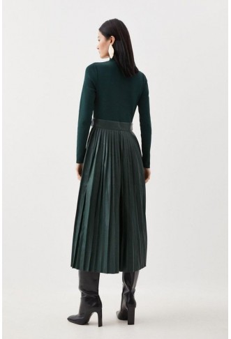 Pu Knit Pleated Skirt Midi Dress