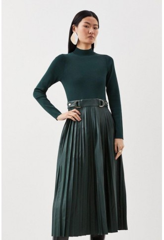 Pu Knit Pleated Skirt Midi...