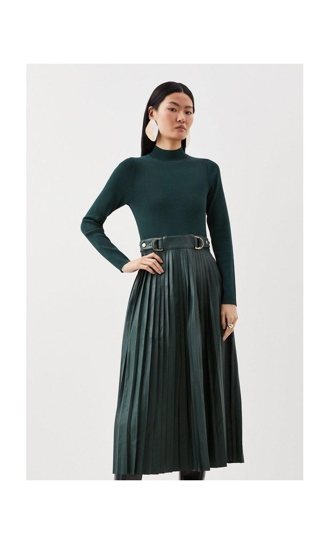 Pu Knit Pleated Skirt Midi Dress