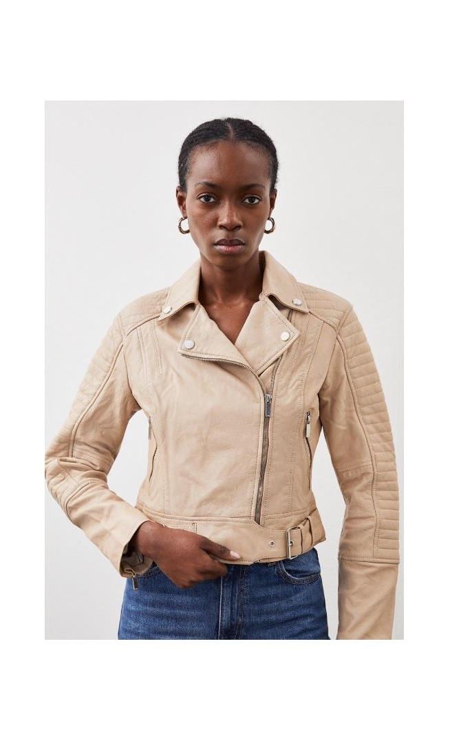 Cream Washed Leather Rib Sleeve Detail Biker Jacket