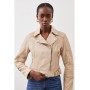 Cream Washed Leather Rib Sleeve Detail Biker Jacket