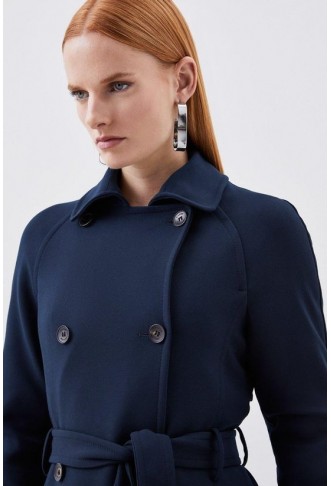 Compact Stretch Double Breasted Button Detail Belted Coat