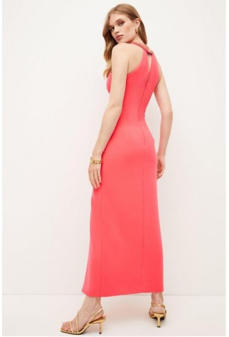 Coral Enamel Chain Detail Halter Maxi Dress