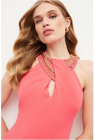 Coral Enamel Chain Detail Halter Maxi Dress