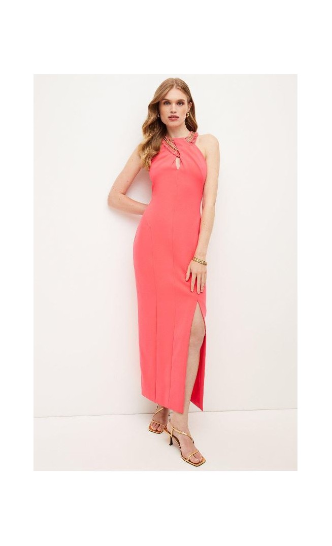 Coral Enamel Chain Detail Halter Maxi Dress