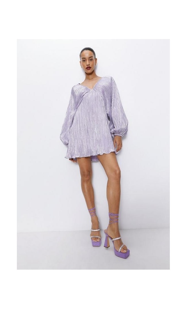 Metallic Pleated Balloon Sleeve Mini Dress