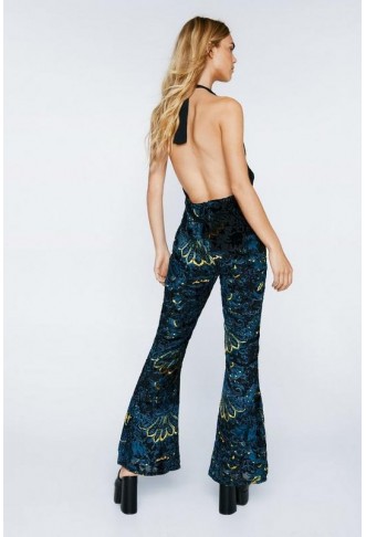 Floral Devore Halter Neck Flared Jumpsuit