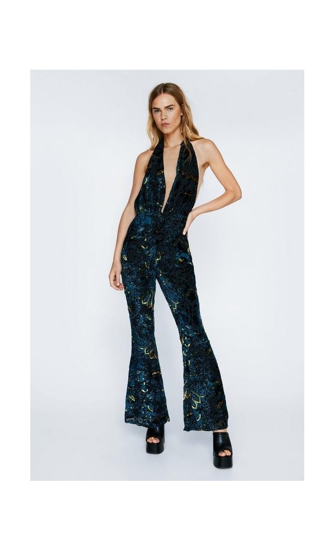 Floral Devore Halter Neck Flared Jumpsuit