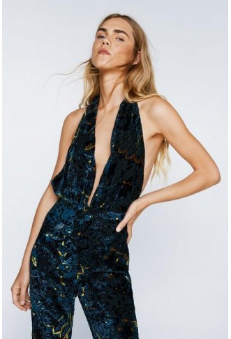 Floral Devore Halter Neck Flared Jumpsuit