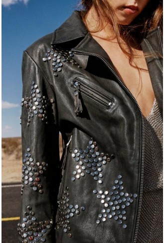 Real Leather Star Studded Fringe Jacket