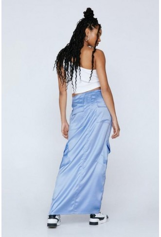 Satin Mid Rise Cargo Maxi Skirt