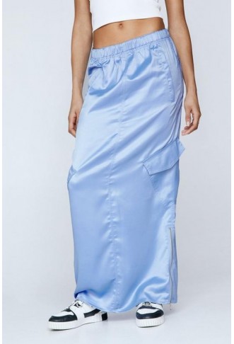 Satin Mid Rise Cargo Maxi Skirt