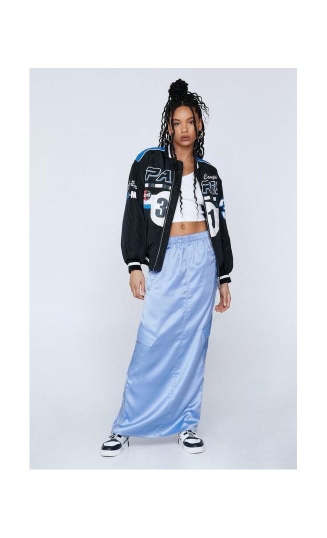 Satin Mid Rise Cargo Maxi Skirt