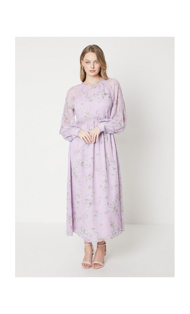 Lilac Floral Chiffon Trim Insert Blouson Sleeve Midaxi Dress