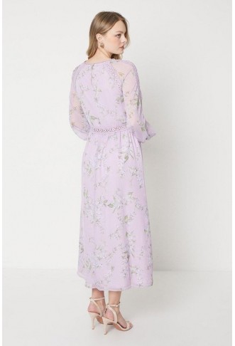 Lilac Floral Chiffon Trim Insert Blouson Sleeve Midaxi Dress