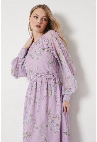 Lilac Floral Chiffon Trim Insert Blouson Sleeve Midaxi Dress