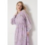 Lilac Floral Chiffon Trim Insert Blouson Sleeve Midaxi Dress