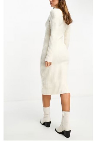 Edited - Long Sleeve Knit Midi Dress - Cream