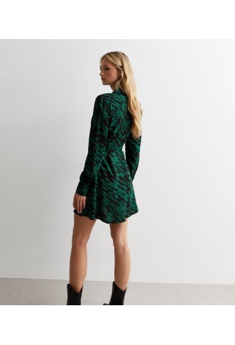 Green Abstract Print Belted Mini Dress