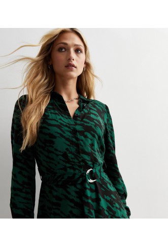 Green Abstract Print Belted Mini Dress