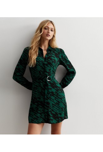 Green Abstract Print Belted...