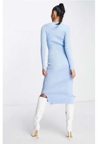 New Look ribbed midi dress with side split in light blue