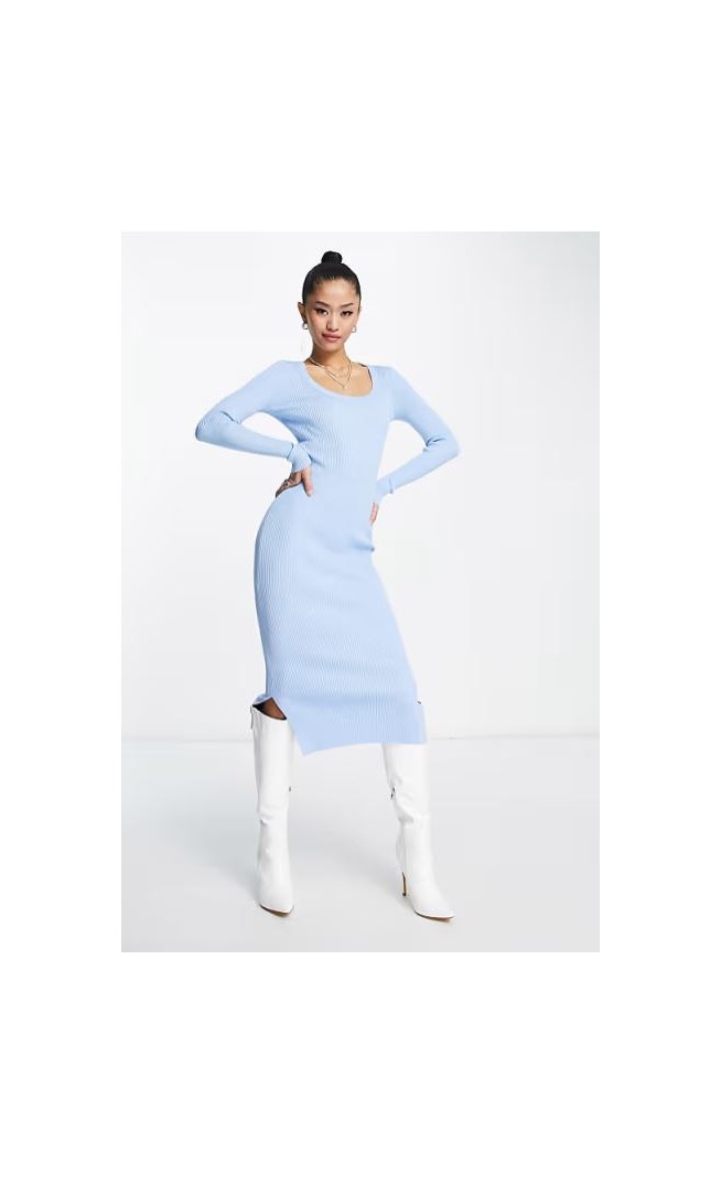 New Look ribbed midi dress with side split in light blue